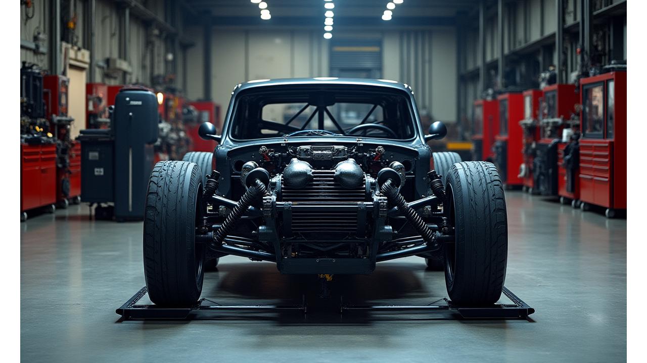A rally car chassis precisely mounted on a fabrication jig in a clean workshop.