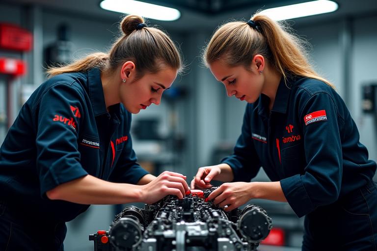 Aurora Rally engineers meticulously working on a rally car engine in a clean, modern workshop.