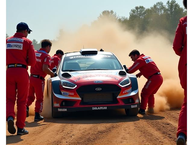 Rally service crew actively working on a car in a pit stop during a race event